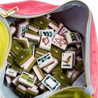 Jeu de Mahjong MCM Vert Olive Rétro Géométrique Floral Américain avec Tuiles à Motifs Artistiques et Pochette en Velours - Bam Bird Boutique