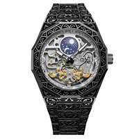Montres mécaniques squelette à tourbillon Forsining FSG8299, phase lunaire, montre automatique dorée pour homme, bracelet en acier inoxydable gravé