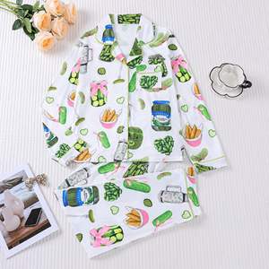 Dropshipping女式低起订量定制Peint黄瓜印花长袖针织睡衣套装女式软睡衣 - Product Image 1