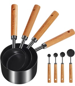 8 cái thép không gỉ Bộ đo lường cốc và thìa gỗ đen xử lý công cụ nhà bếp nướng công cụ - Product Image 1