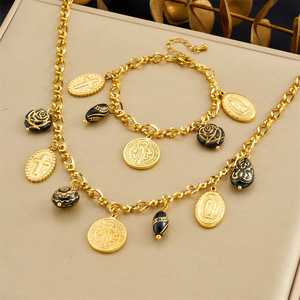 European American Style Gold Black Charm Necklace <b>Bracelet</b> <b>Set</b> Women's Everyday Wear Cross Camellia Pattern Fine Jewelry - Product Image 1