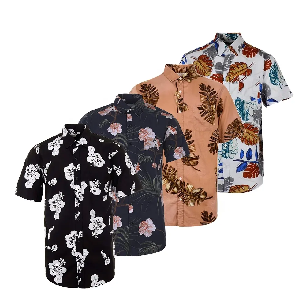 Latest design cotton flower short sleeve aloha hawaiian shirt camisa tropical hombre caballero black and white