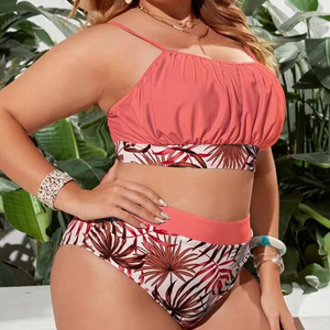 Conjunto de estampado de plantas nuevas de fábrica, <span class=keywords><strong>tirantes</strong></span> plisados en el pecho, cintura alta dividida, <span class=keywords><strong>Bikini</strong></span> de talla grande, traje de baño - Product Image 1