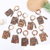 Bloemenbloeiwijze Bloemenprint Leren portemonnee Creditcardhouder met siliconen kralen Sleutelhanger Mini portemonnee Tas Armband
