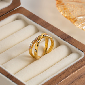 Cross Shape Gold <b>Open</b> <b>Ring</b> With White Diamonds Pave Setting For Women - Product Image 4