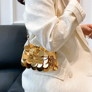 Luxury Women Bags Designer Silver Metal Sequins Chain Woven Purse Evening Bags Clutch Female Travel Holiday Shoulder Bag Handbag