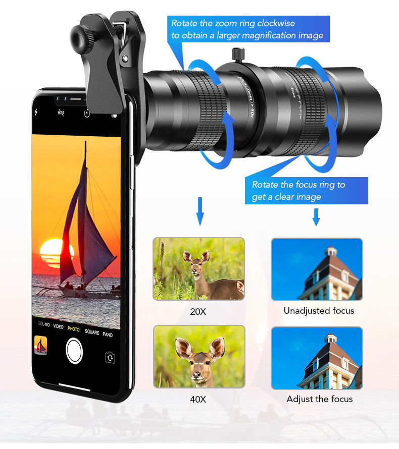 Apexel Dapat Disesuaikan 20-40X Zoom Lensa untuk Ponsel, Zoom In/Zoom Out  Bermata Teleskop Lensa Kamera dengan Tripod