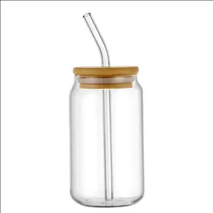 Hot Selling Iced Coffee Soda Can Glasses Beer Glass Can Cups with Bamboo Lid and Glass Straws