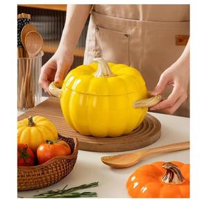 Tazón de cerámica para sopa con forma de calabaza, con tapa y asas, tamaño grande, tazón creativo para el hogar, para sopa, fideos, resistente al calor - Product Image 4