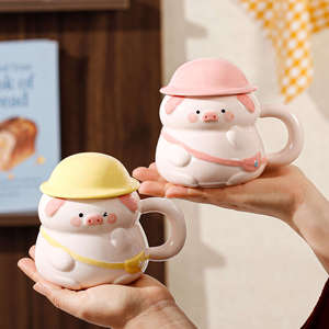 Zuo Mu Mignonne tasse en céramique en forme de cochon avec couvercle et poignée, peinte à la main, réutilisable, cadeau pour les couples, utilisation au bureau - Product Image 2