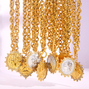 JUSNOVA kalung baja tahan karat 18K wanita, perhiasan Vintage lapis emas dengan liontin koin berbentuk bulat untuk hadiah acara - Product Image 5