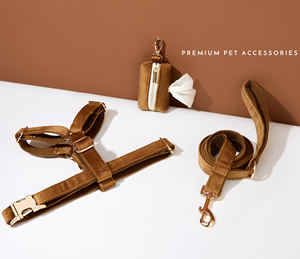 Ensemble Harnais et Collier pour Chiot en Fibre Tactique Marron Fantaisie avec Nœud Papillon Personnalisé et Laisse pour Chien, Gravé à la Main, Idéal pour Cadeau d'Anniversaire - Product Image 1