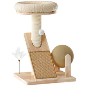 Árbol para Gatos de Madera Maciza Natural de 29.53 Pulgadas con Poste Rascador de Sisal y Bola Giratoria, Torre Compacta para Gatos - Product Image 1