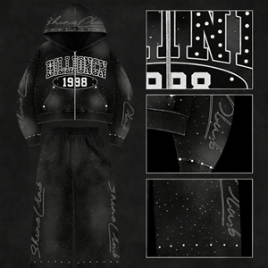 Set Personalizzato da Uomo Streetwear Vintage con Strass, Tuta in Felpa Francese, Pantaloni e Felpa con Cappuccio Crop Acid Wash con Zip e Effetto Consumato - Product Image 2