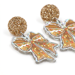 Boucles d'oreilles pendantes en acrylique découpé au laser, motif nœud de pain d'épices de Noël, avec paillettes dorées, bijoux festifs de vacances, vente en gros en vrac - Product Image 2