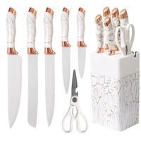 Set de Couteaux de Cuisine Japonais-Suisse en Acier Inoxydable Effet Marbré 7 Pièces avec Bloc de Rangement