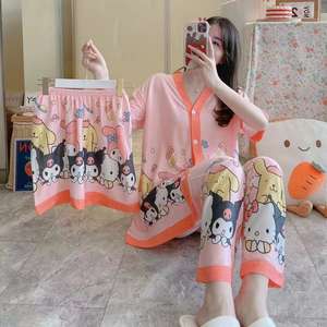 Vente en gros <span class=keywords><strong>Tik</strong></span> Tok Live Stream Hot Summer Milk Silk Short Sleeve Cartoon Mic Three-piece Homewear - Product Image 4