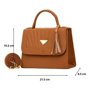 Sac à bandoulière Fana Original Lizbet Camel pour femme en cuir synthétique microfibre, style professionnel, couleur unie, deux poignées, avec rabat - Product Image 4