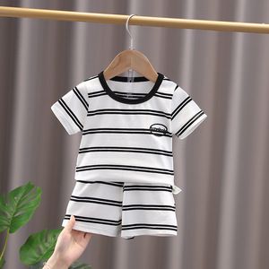 Ensemble short et t-shirt rayé à manches courtes pour bébés garçons et filles, 100 % coton, <span class=keywords><strong>tenue</strong></span> décontractée d'été, vêtements 2 pièces pour enfants, vente en gros - Product Image 4
