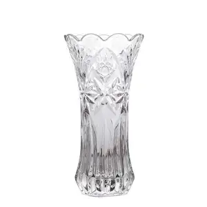 Modern Luxury Large Size Flower Pattern Clear Cut Crystal Glass Flared Design Flower Vase