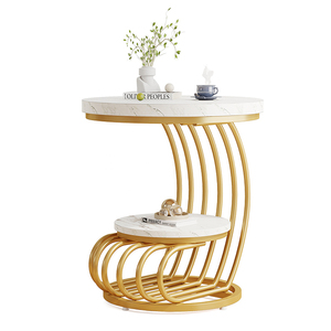 Accento moderno <span class=keywords><strong>rotondo</strong></span> in legno <span class=keywords><strong>finto</strong></span> <span class=keywords><strong>marmo</strong></span> oro bianco tavolino con spazio di archiviazione per soggiorno camere da letto - Product Image 2