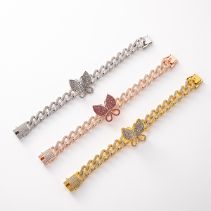 Glassato fuori Hip Hop diamante Miami a maglia cubana <span class=keywords><strong>bracciale</strong></span> a catena argento/<span class=keywords><strong>oro</strong></span>/<span class=keywords><strong>oro</strong></span> rosa Bling farfalla <span class=keywords><strong>bracciale</strong></span> regali da ragazza - Product Image 1