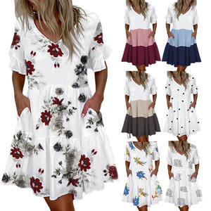 Abito Midi Casual Multicolore con Volant <span class=keywords><strong>e</strong></span> Maniche Corte, Elegante Stile Dolce, Vestito Ampio con Scollo a V per Donna, Ideale per Primavera ed Estate - Product Image 6