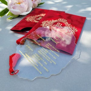 Cartes de mariage personnalisées élégantes rouge bordeaux doré Suite de luxe en velours Cartes d'invitation en acrylique transparent rouge - Product Image 4