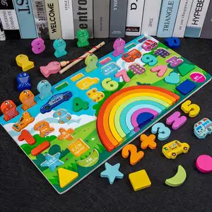 wholesale Wooden Numbers and English Letters Three-in-one Number Board Rainbow Circle Jigsaw Puzzle Children's Educational Toys