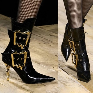 Strange Custom Heels Gold Metal Buckles Women <b>Knee</b> <b>High</b> Boots Side Zipper Stage <b>High</b> Heels Shoes Dress Black Short Booties - Product Image 6