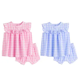 Boutique pink gingham ruffled little girls shorts set cotton woven summer toddler short outfit for kids