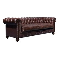 Canapé vintage minimaliste en cuir véritable, capitonné, avec accoudoirs roulés, garniture à clous, pieds en bois massif, pour usage domestique et commercial