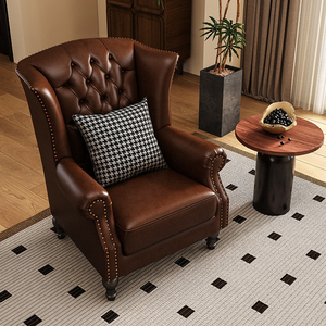 <span class=keywords><strong>Fauteuil</strong></span> moderne en bois massif et cuir, chaise décontractée vintage avec dossier à oreilles, mobilier pour appartements et salons d'hôtels. - Product Image 5