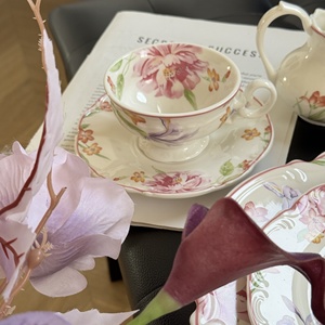 Bol en céramique rose floral vintage <span class=keywords><strong>de</strong></span> style français, tasse à café, soucoupe, assiettes à soupe, à dessert, à pâtes - Vaisselle haut <span class=keywords><strong>de</strong></span> gamme compatible micro-ondes - Product Image 1
