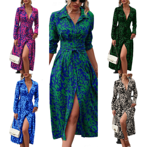 Nouvelle Collection Printemps/Automne 2025 <span class=keywords><strong>Robe</strong></span> Chemise Chic à Col V Imprimé Floral, Taille Ajustée, Manches <span class=keywords><strong>Mi</strong></span>-Longues et Fente Haute pour Femme - Product Image 1