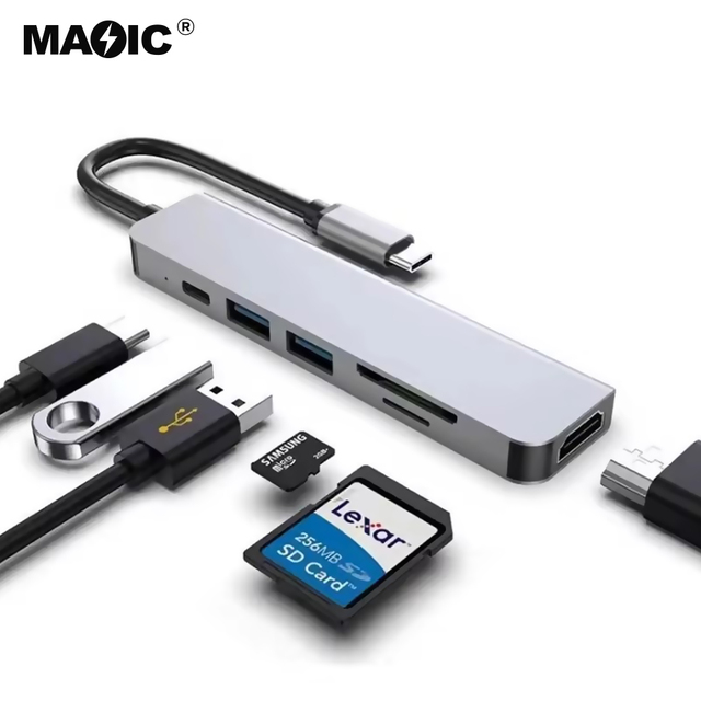 OEM Type C USB C 6 in 1 Ports Hub USB C to HDMI Monitor Adapter 4K Video USB2.0 USB3.0 SD/TF PD 3.0 6 in 1 Hub for PC Laptops