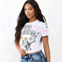 Atasan Crop Top Wanita C1440 Musim Panas, Model Y2K Terbaru, Bermotif, Kerah Bulat, Kasual, Bahan Katun