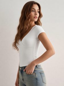 T-shirt estiva da donna sexy a maniche corte, tinta unita, con <span class=keywords><strong>scollo</strong></span> a <span class=keywords><strong>V</strong></span> <span class=keywords><strong>profondo</strong></span>, stile europeo-americano, nuovo modello, vestibilità slim e effetto snellente in vita - Product Image 2