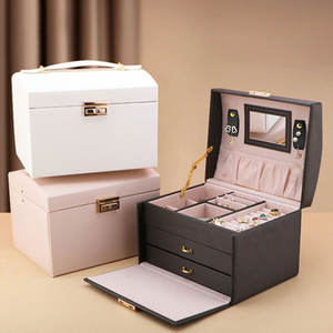 Estuche de Almacenamiento de Joyas de Lujo al por Mayor, Caja Grande de 3 Niveles con Espejo, Organizador de Cuero PU con Asa - Product Image 2