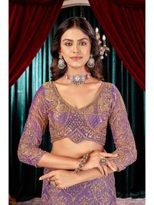 Sari de luxe en satin Fandy de qualité supérieure avec broderie de perles grandioses, chemisier de créateur inclus pour les mariages, les fêtes et les occasions festives - Product Image 3