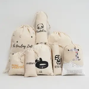 Bolsa de algodão calico natural para crianças, novo design, cordão de lona, bolsa para compras, tela de seda personalizada, logotipo