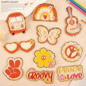 Patch thermocollant en chenille brodé, motifs Orange Jaune, Paix, Arc-en-ciel, Violon, Lunettes de soleil, pour la décoration de vêtements d'enfants - Product Image 1