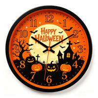 Jam Dinding Halloween Motif Labu dan Kelelawar, Tanpa Suara Tik-tok, Analog Quartz, Bulat, Plastik, untuk Rumah, Kantor, Dapur, Ruang Kelas