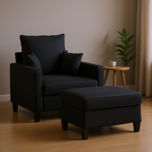 Canapé noir avec repose-pieds, meubles de salon, style contemporain, revêtement en tissu, design moderne - Product Image 2