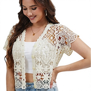 Boléro à manches courtes pour <span class=keywords><strong>femme</strong></span>, en dentelle crochetée, cardigan ouvert avec doublure en laine mohair - Product Image 1