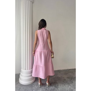 Elegante Vestido Camisero Rosa de Muselina sin Mangas con Cuello para Mujer, Abotonado al Frente, Largo hasta la Rodilla, para Oficina o Fiesta, Tallas XS-XL, con Decoración Fruncida - Product Image 1