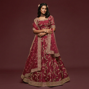 <b>Maroon</b> Organza Embroidered Lehenga Choli With Floral Gold Work Boat Neck Short Sleeve Floor Length A-Line Bridal <b>Dress</b> 7802 - Product Image 1