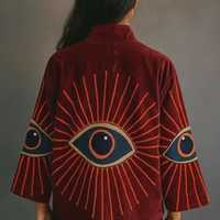Blouson Bomber en Velours Brodé Suzani, Manteau Bohème pour Festival, Vêtement d'extérieur Artistique, Fait Main Artisanal, Mode Ethnique Hiver, Col en V