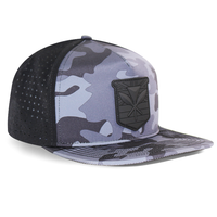Topi Snapback 5 Panel Pola Camo Tahan Air dengan Logo Custom HS46, Panel Samping Berlubang Laser, Unisex, untuk Aktivitas Luar Ruangan, Surfing, dan Santai