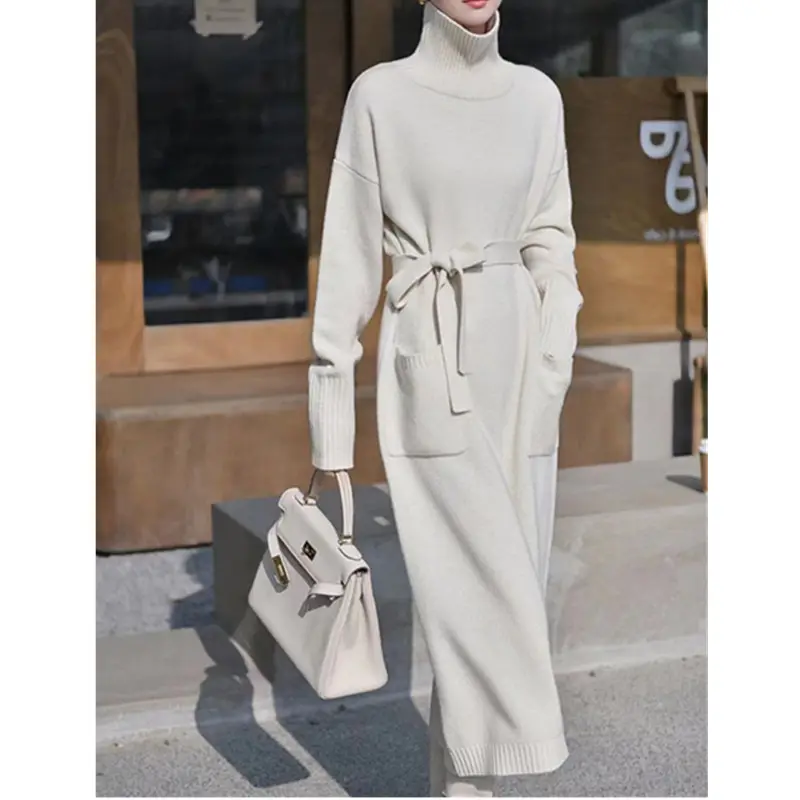 Custom Y2K Winter Fashion New Wholesale White Elegant Bodycon Stand Collar Warm Knitted Sweater Long Casual Dress